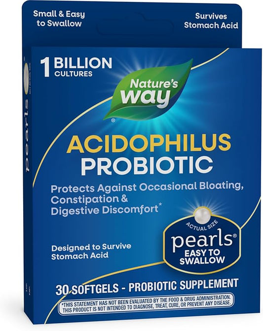 Nature's Way Acidophilus Probiotic Pearls, Supports Digestive Balance and Gut Health*, Protects Against Occasional Constipation and Bloating*, 1 Billion Live Cultures, 30 Softgels