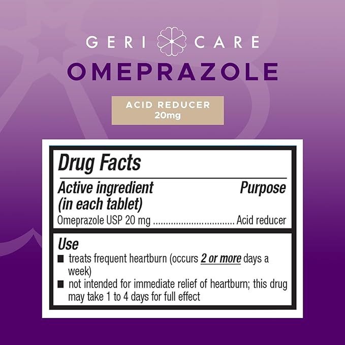 GeriCare Omeprazole Delayed Release Tablets 20mg Stomach Acid Reducer Pills for 24 Hour Heartburn Relief- Acid Reflux Medicine to Treat Frequent Heartburn- Anti-Acid Relief Tablets (42 Count)