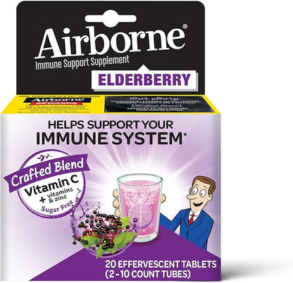 Airborne Elderberry Extract + Vitamin C 1000mg (per Serving) - Effervescent Tablets (20 Count in a Box), Gluten-Free Immune Support Supplement, with Vitamins A C E, Zinc, Selenium, Sugar Free