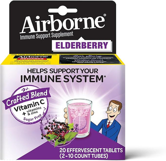 Airborne Elderberry Extract + Vitamin C 1000mg (per Serving) - Effervescent Tablets (20 Count in a Box), Gluten-Free Immune Support Supplement, with Vitamins A C E, Zinc, Selenium, Sugar Free