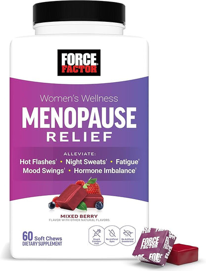 FORCE FACTOR Menopause Relief Supplement for Women with Black Cohosh for Hot Flashes, Hormone Balance & Night Sweats Support, Women’s Wellness, Mixed Berry, 60 Soft Chews