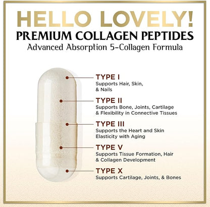Collagen Peptides for Women – 2400mg Per Serving – Multi Collagen Capsules with Types I, II, III, V & X – Hydrolyzed Collagen Supplement Vital Hair, Skin, Nails, Joints & Bones Support – 120 Capsules