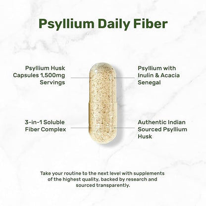 Psyllium Husk 1500mg Per Serving, 300 Capsules – 3 in 1 Fiber Supplement with Inulin & Acacia Complex – Natural Soluble Fiber, Supports Digestive Health – Plant Based, Non-GMO