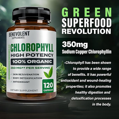 Benevolent Chlorophyll Capsules 350mg - 100% Natural + Ultra Chlorophyll 20x Potency Concentration for Energy Boost, Immune Support, Internal Deodorant, Skin Health, Non-GMO, 120 Capsules