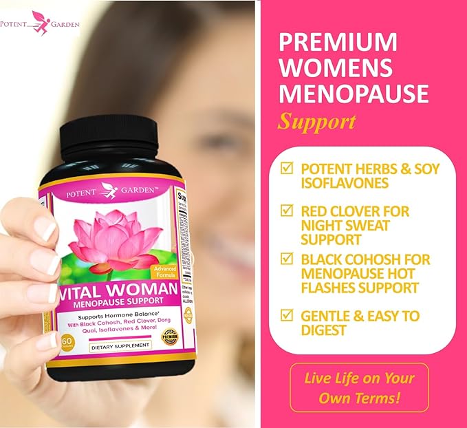 Potent Garden Menopause Relief Supplement with Black Cohosh, Soy Isoflavones, and Don Quai, Hot Flash Relief & Night Sweats Relief for Women, Non-GMO, 60 Capsules, 30 Servings
