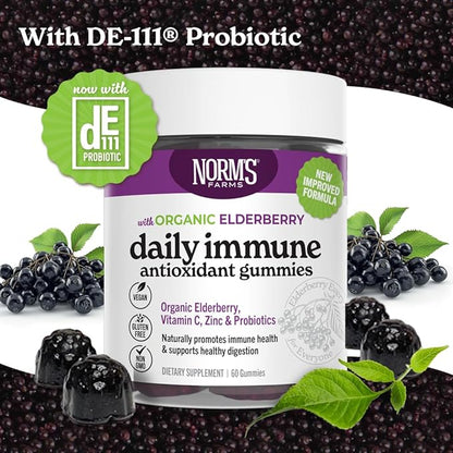 Norm's Farms Daily Immune Elderberry Gummies - Vitamin C, Zinc & Probiotics - Vegan, Gluten Free, Kosher, Non-GMO - 60 Gummies