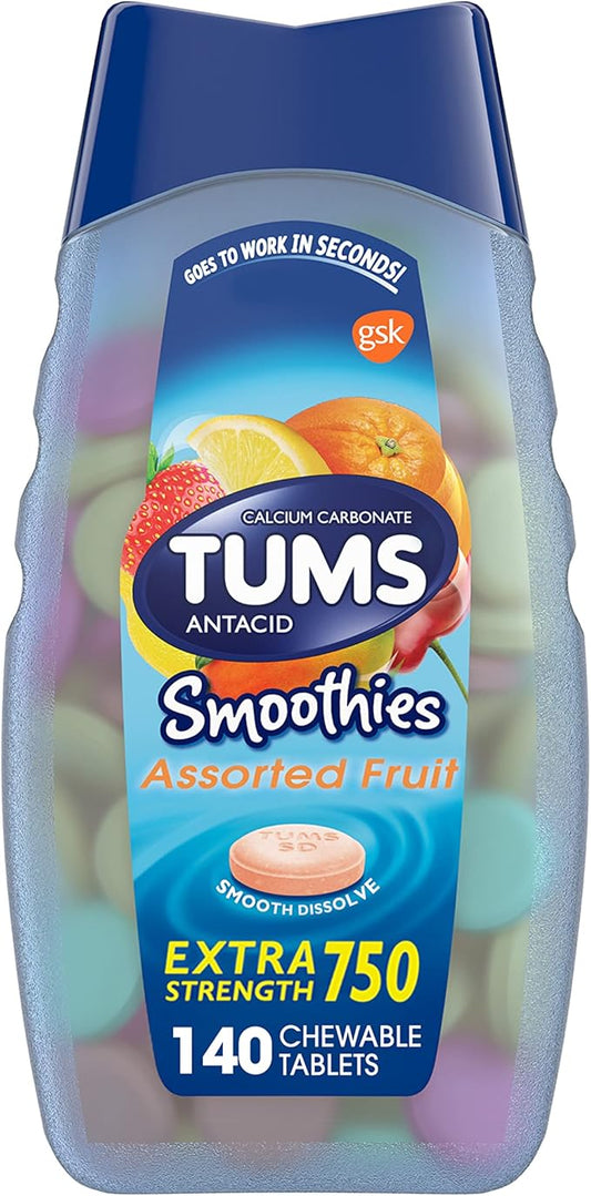 TUMS Smoothies Extra Strength Antacid Chewable Tablets for Heartburn Relief, Assorted Fruit - 140 Count
