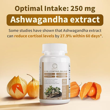 2 Pack Cortisol Supplements for Women & Men - 10-in-1 Cortisol Reducer Manager Detox with Ashwagandha, Magnesium - Lower High Cortisol Levels, Relaxation & Night Support, Non-GMO, 120 Capsules
