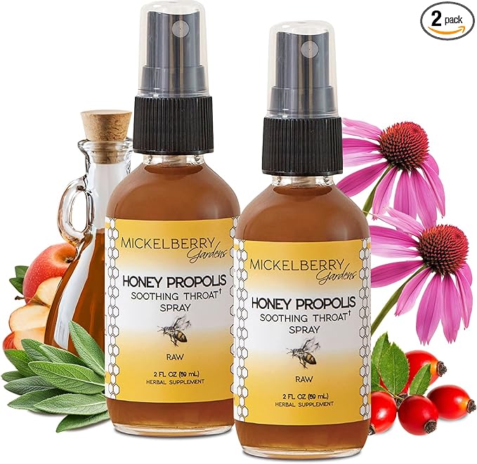Mickelberry Gardens Honey Propolis Throat Spray - Soothing Sore Throat Relief & Propolis Immune Support for Adults & Kids - Herbal & Honey Formula (2 oz, 2 Pack)