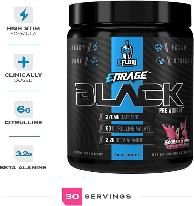 eFlow Nutrition Enrage Black High Stimulant Pre Workout Supplement - Preworkout Powder to Boost Energy, Pumps and Strength - 4 Flavors (30 Servings) (Sour Black Cherry)
