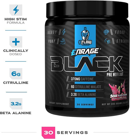 eFlow Nutrition Enrage Black High Stimulant Pre Workout Supplement - Preworkout Powder to Boost Energy, Pumps and Strength - 4 Flavors (30 Servings) (Sour Black Cherry)