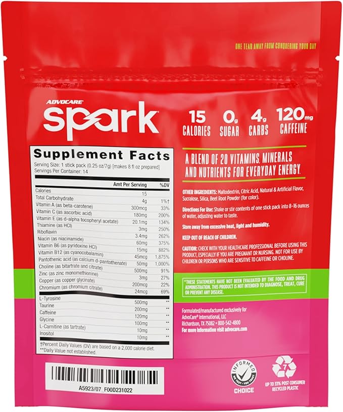 AdvoCare Spark Vitamin & Amino Acid Supplement - Focus & Energy Drink Powder Mix with Vitamin A, B-6, C & E - Also Includes L-Carnitine & L-Tyrosine - Strawberry, 14 Stick Packs