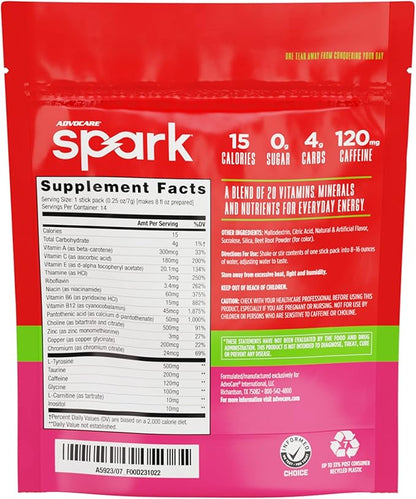 AdvoCare Spark Vitamin & Amino Acid Supplement - Focus & Energy Drink Powder Mix with Vitamin A, B-6, C & E - Also Includes L-Carnitine & L-Tyrosine - Strawberry, 14 Stick Packs