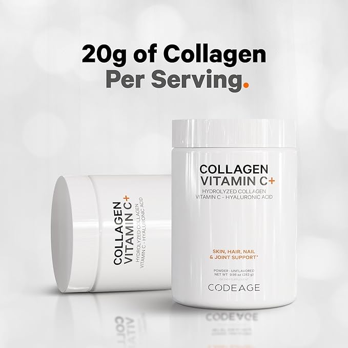 Codeage Collagen Peptides Powder + Vitamin C - 20g Grass-Fed Collagen Per Serving - Digestive Enzymes, Hyaluronic Acid, 18 Amino Acids - Hydrolyzed Collagen Protein - Non-GMO, Unflavored - 9.98 oz