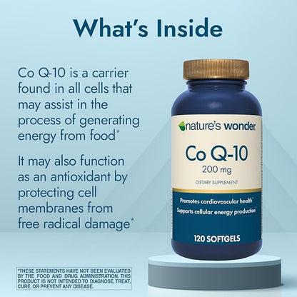 Nature's Wonder CoQ10 Supplement - CoQ10 200mg Softgels to Support Heart Health, Cardiovascular Function, and Cellular Energy Production, 120 Softgels, 120 Days Supply