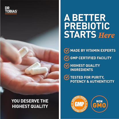 Dr. Tobias Prebiotics Digestive Support, Advanced Prebiotic Supplement for Gut Health, Immune Function & Boost for Probiotics for Women & Men, Vegan, Non-GMO, 90 Capsules, 90 Servings