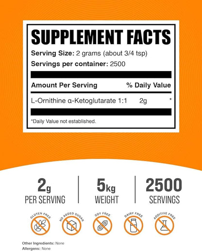 BulkSupplements.com L-Ornithine Alpha-Ketoglutarate Powder - OKG Supplement, Nitric Oxide Supplement, Ornithine Supplement - Gluten Free, 2000mg per Serving, 5kg (11 lbs) (Pack of 5)