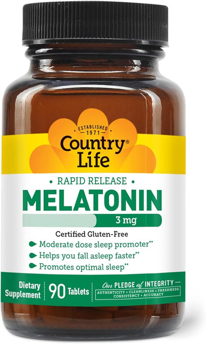 Country Life Melatonin Sleep Aid 3mg - Non-GMO, Gluten-Free, Vegan - Rapid-Release, Fast Dissolve Tablets for Optimal Sleep - No Yeast, Corn, Wheat, Soy - Pure, Authentic Ingredients