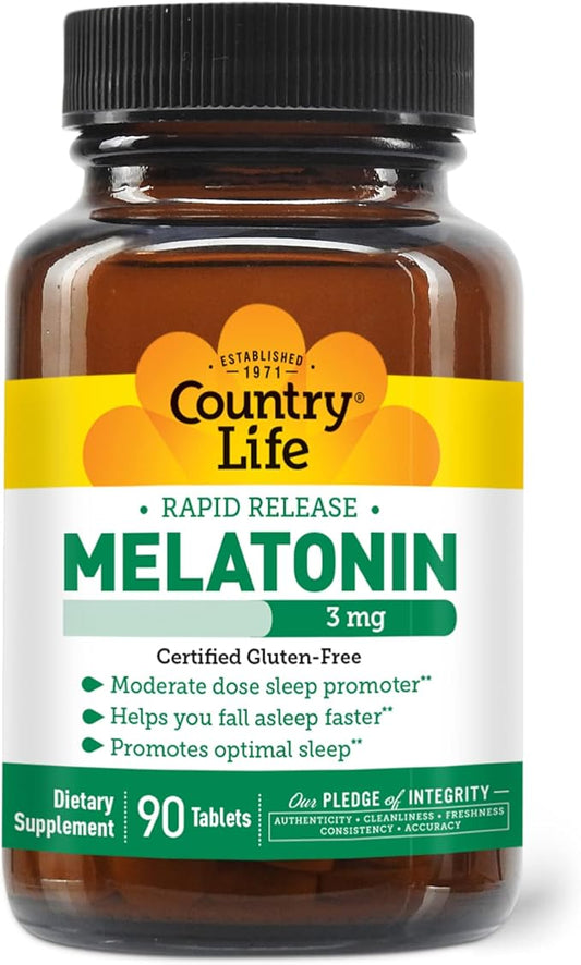 Country Life Melatonin Sleep Aid 3mg - Non-GMO, Gluten-Free, Vegan - Rapid-Release, Fast Dissolve Tablets for Optimal Sleep - No Yeast, Corn, Wheat, Soy - Pure, Authentic Ingredients