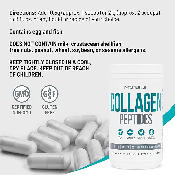 Natures Plus Collagen Peptides - 0.65 lbs Powder, Pack of 2 - Hair, Skin, Nail & Joint Health, Immune System Support - Non-GMO, Gluten Free - Up to 56 Total Servings