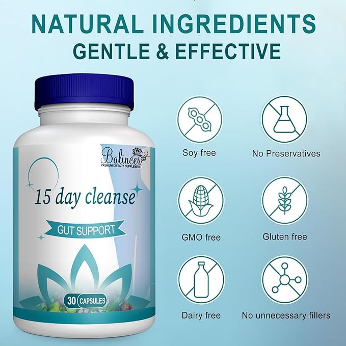 15 Day Cleanse, Gut and Colon Support, Advanced 15 Day Gut Cleanse Detox for Women & Men with Senna, Cascara Sagrada & Psyllium Husk, Non-GMO, 30 Capsules