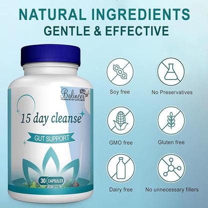 15 Day Cleanse, Gut and Colon Support, Advanced 15 Day Gut Cleanse Detox for Women & Men with Senna, Cascara Sagrada & Psyllium Husk, Non-GMO, 30 Capsules
