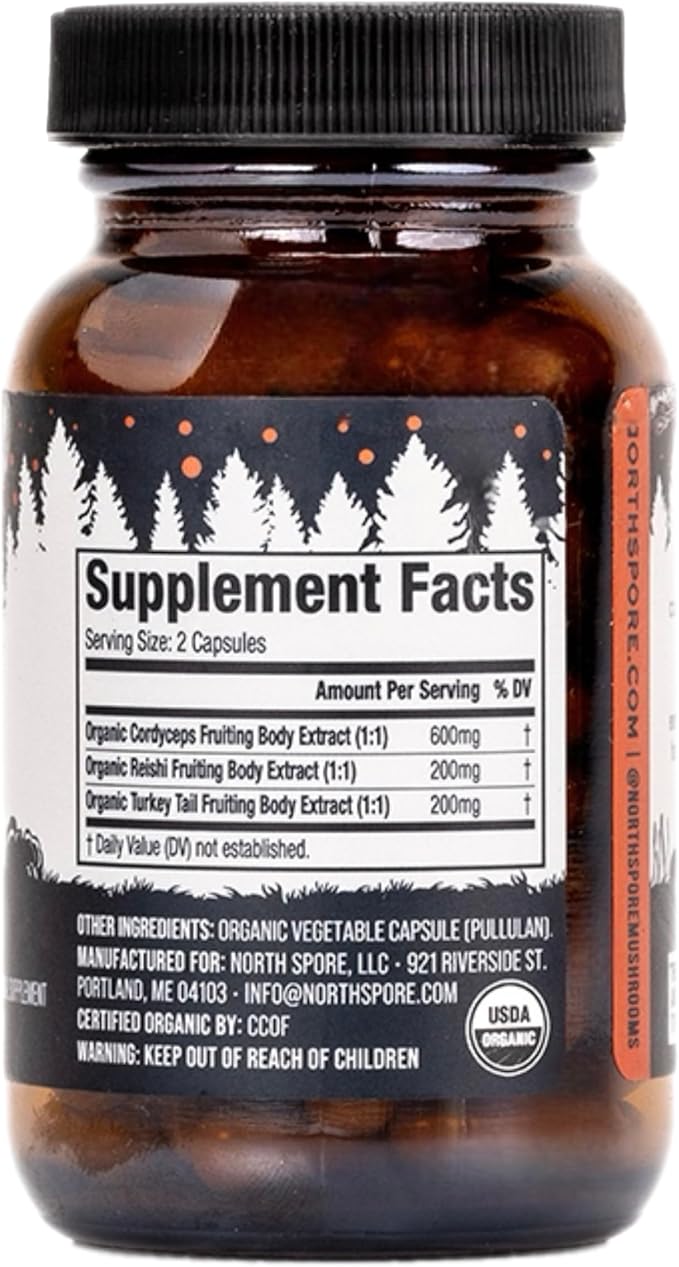Organic ‘Energy’ Mushroom Extract Capsule Supplement | Stamina & Endurance | Cordyceps, Reishi, Turkey Tail | 100% Fruiting Body Extracts | Vegan, Non-GMO | Made in USA - 120ct