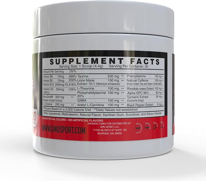 GMU SPORT Nootro-Prime Brain Boost - Focus Brain Supplement - Mushroom Supplement Powder with Alpha GPC, Nootropic Brain Supplements for Memory and Focus with Lions Mane, 30 Servings, Tropical Flavor
