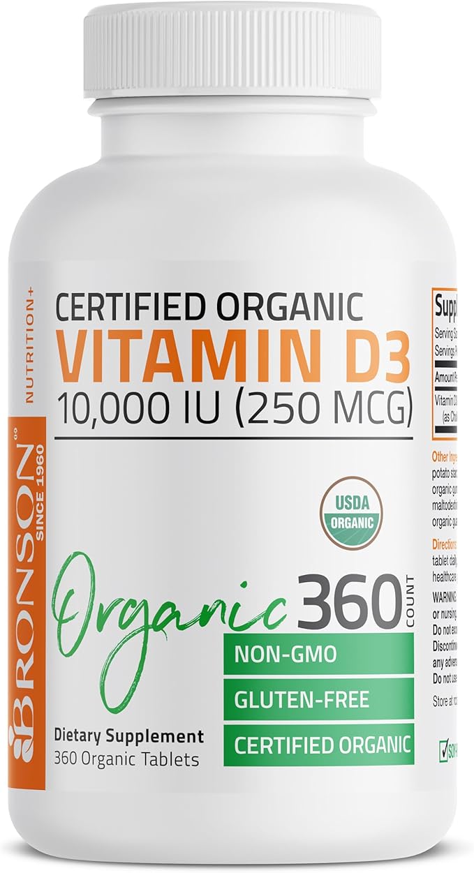 Bronson Vitamin D3 10,000 IU (250 mcg) Certified Organic High Potency Non-GMO Vitamin D Supplement, 360 Tablets