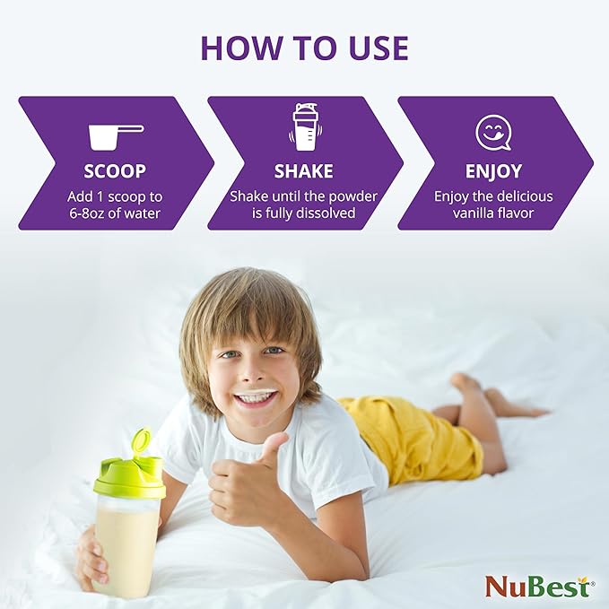 NuBest Tall Protein Powder for Kids & Teens - Vegan Vanilla Protein Powder Shake with Organic Red Algae Calcium, Probiotics, Omega 3-6-9, Vitamin D3 + K2 & Magnesium from Marine Algae - Pack 2