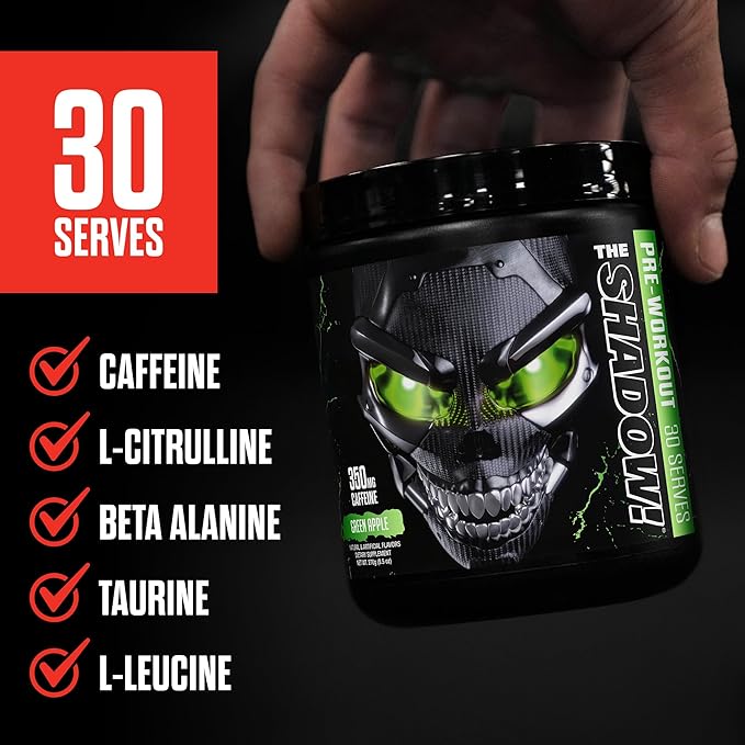 JNX SPORTS The Shadow! 350mg of Caffeine Hard Core Preworkout - Green Apple 30 Servings | Electric Energy, Mental Focus & Superhuman Strength for Men & Women