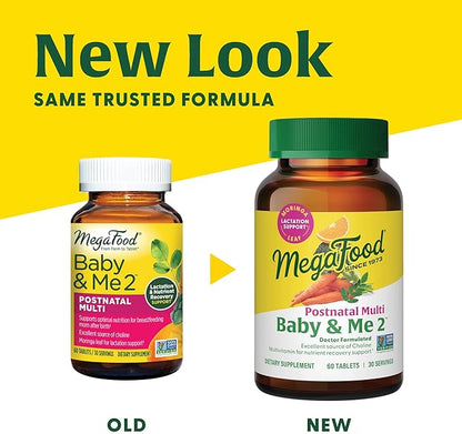 MegaFood Baby & Me 2 Postnatal Vitamins for Women Breastfeeding with Folate (Folic Acid Natural Form), Choline, Iodine, Vitamin D, Moringa Leaf and More - 60 Tabs (30 Servings)