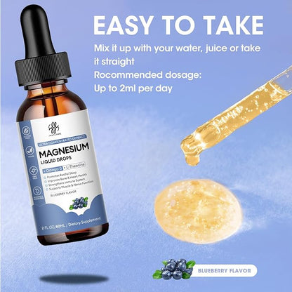 (2 Pack) Magnesium Glycinate Liquid Drop with Citrate, Oxide and Taurate, Calm Magnesium with Omega3, L-Theanine, D3, B6, B12 for Calm, Sleep, Leg Cramps, Muscles, Energy, Sugar-Free Blueberry Flavor