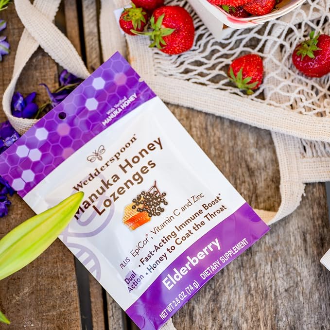 Wedderspoon Manuka Honey Immunity Lozenges, Elderberry, 2.6 Oz (Pack of 1), Genuine New Zealand Honey, Boost Immunity Within Two Hours