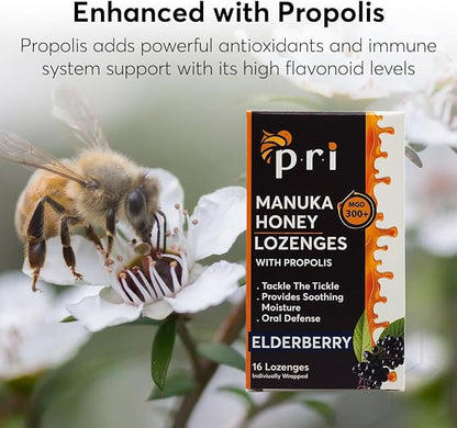 P.R.I Manuka Honey Lozenges with Propolis, Soothing Cough and Throat Drops, MGO 300+ Certified (Elderberry, 16 Count/2 Pack)