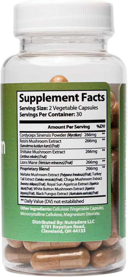 Mushroom Supplement -10 Mushrooms Blend, Reishi, Lions Mane, Cordyceps, Chaga, Turkey Tail, Maitake, Shiitake, Chaga, Nootropic Complex