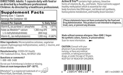 Klaire Labs SFI Health Active B Trio - Methylated Vitamin B Complex with B6, B12 & Folate - Bioactive Vitamins for Enhanced Absorption - Promote Healthy Energy & Cognition (60 Capsules)