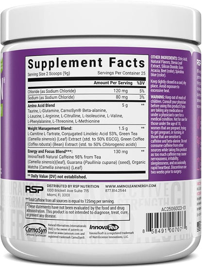 RSP NUTRITION AminoLean Natural Pre Workout Powder, Sucralose Free Amino Energy with No Artificial Dyes, Vegan BCAAs and Weight Management, Acai, 25 Serv