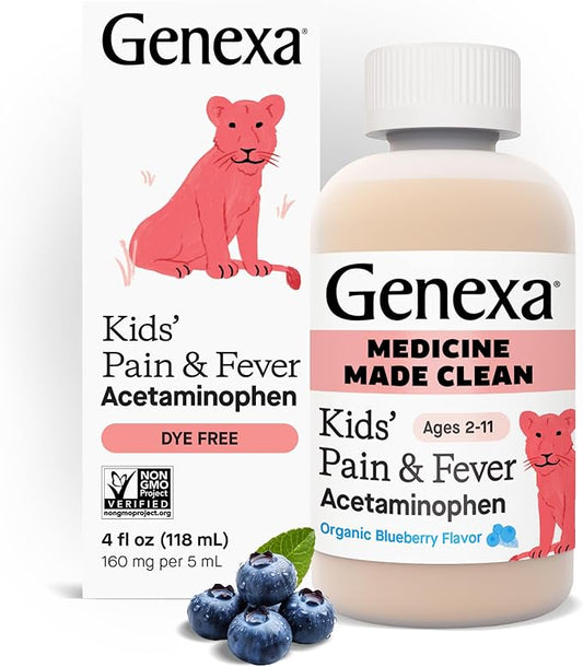 Genexa Kids’ Clean Pain & Fever Acetaminophen, Dye Free, 0% Artificial Additives, Delicious Organic Blueberry Flavor, Liquid Oral Suspension Medicine for Children 2-11, 160 mg per 5mL, 4 fl oz