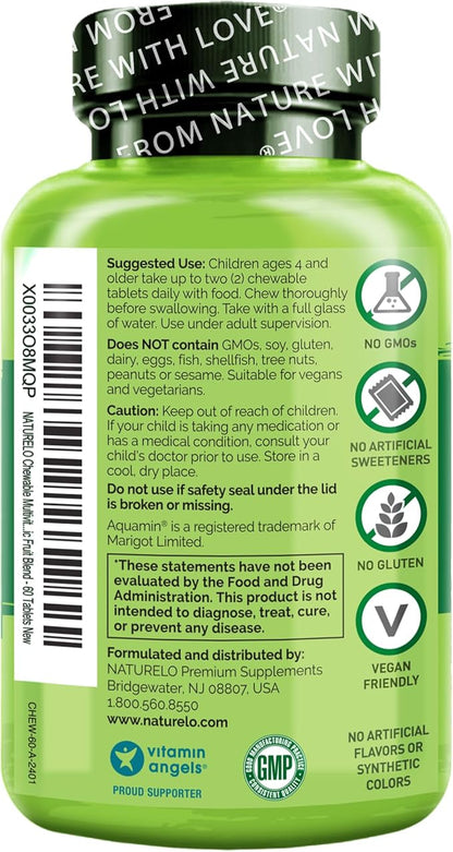 NATURELO Chewable Vitamin for Kids – Multivitamin with Whole Food Organic Fruit Blend - 60 Tablets for Children (Pack of 2)