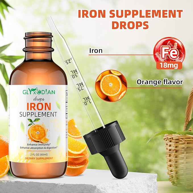Iron Liquid Drops for Women & Men - 18mg High Absorption Liquid Iron Supplement for Anemia, Red Blood Cell, Energy Support & Immune Health, Vegan, Non-GMO, Natural Orange Flavor (2 Fl Oz)