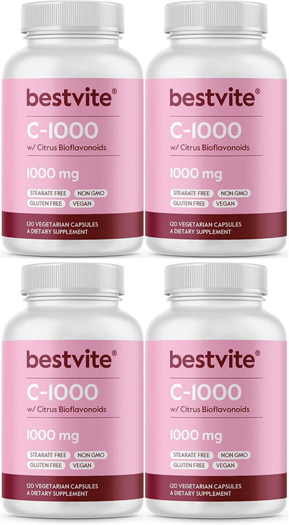 BESTVITE Vitamin C 1000mg (480 Vegetarian Capsules) (120 x 4) with Citrus Bioflavinoids - No Stearates - Vegan - Non GMO - Gluten Free