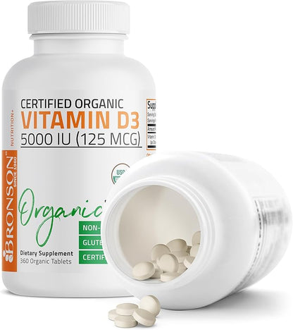 Bronson Vitamin D3 5,000 IU (125 mcg) Certified Organic High Potency Non-GMO Vitamin D Supplement, 360 Tablets