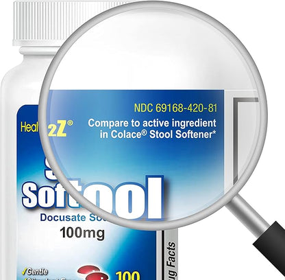 HealthA2Z® Stool Softener | Docusate Sodium 100mg | Red & White Capsules | Dependable | Gentle Constipation Relief (100 Counts)