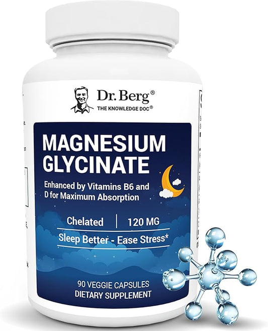 Dr. Berg Magnesium Glycinate with Vitamin D, B6 & Zinc for Stress Relief, Calm, Relaxation, & Good Sleep* - 120 mg Per Magnesium Supplement Capsule - Chelated Magnesium Glycinate - 90 Caps