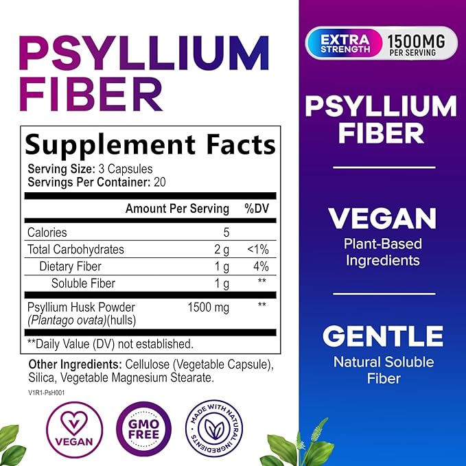 Psyllium Husk Powder Caps 1500mg - Non-GMO, Natural Soluble Fiber for Daily Digestive Health & Regularity Support, Vegan Psyllium Fiber Supplement with Plant Based Fiber, Sugar Free - 60 Capsules