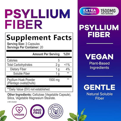 Psyllium Husk Powder Caps 1500mg - Non-GMO, Natural Soluble Fiber for Daily Digestive Health & Regularity Support, Vegan Psyllium Fiber Supplement with Plant Based Fiber, Sugar Free - 60 Capsules