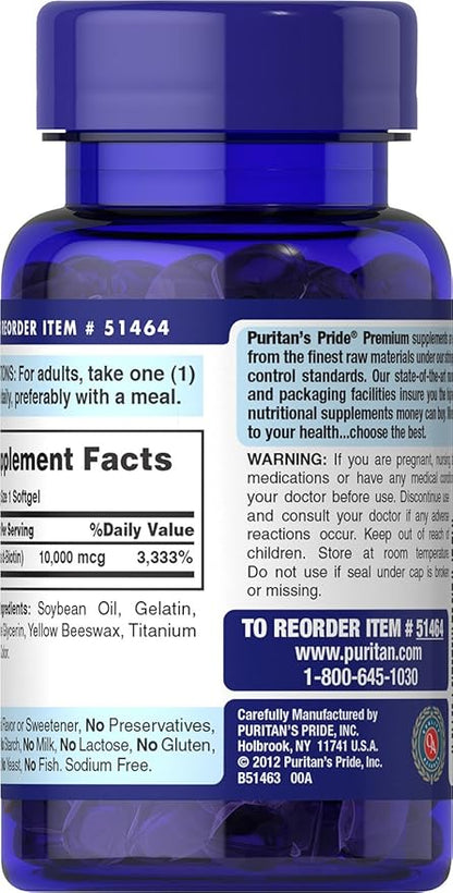 Puritan's Pride Biotin 10,000 mcg 50 Softgels