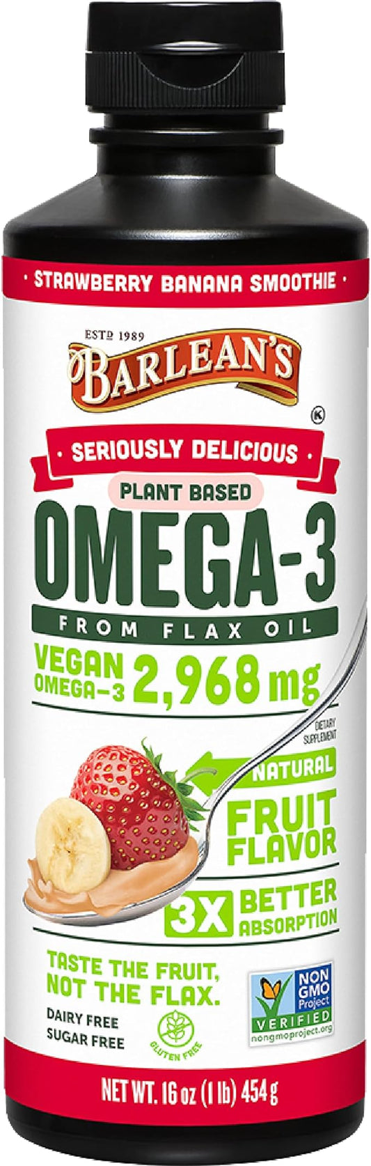 Barlean's Strawberry Banana Omega 3 Liquid Flaxseed Oil with 2,968 mg Vegan Omegas 3 6 9, Smoothie Supplements for Kids and Adults, Non-GMO and Gluten Free, 16 oz