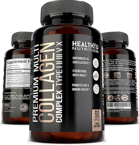 Premium Multi Collagen Peptides Pills - Hydrolyzed Collagen Capsules for Men and Women Types 1 2 3 5 10 - Collagen Supplements for Men - Colageno Hidrolizado Pastillas para Hombre Mujer 90 caps